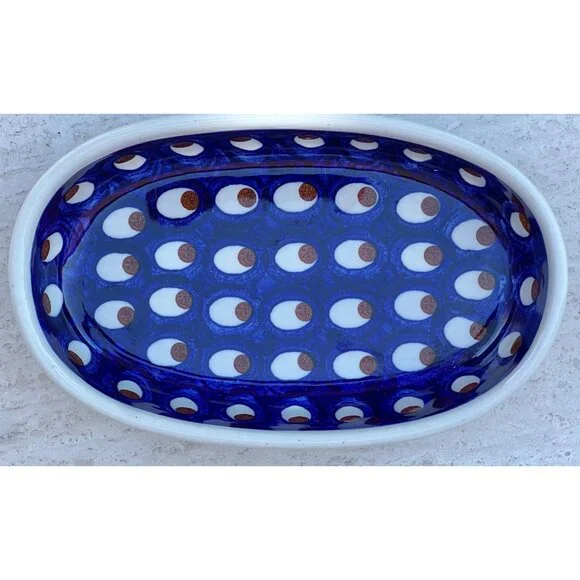 Polish Pottery Oval Dish Sm. Casserole 8"x5" Blue Peacock Eye Pattern Handmade - Picture 2 of 9
